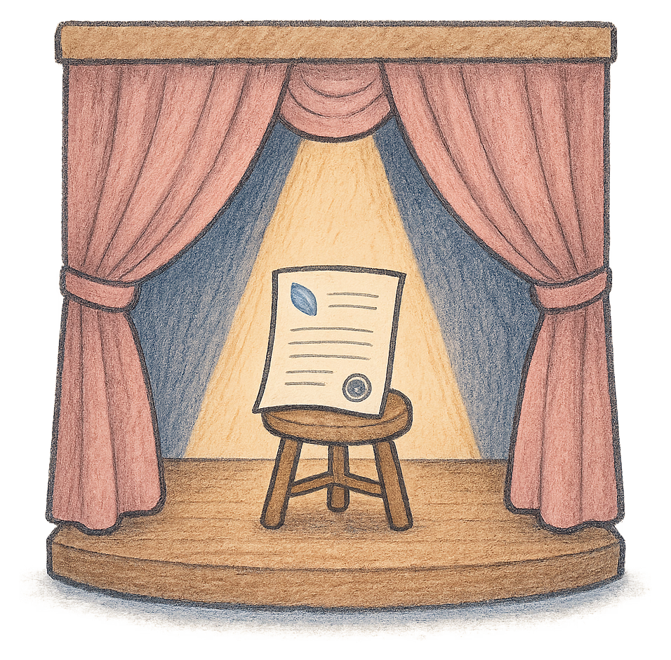 A drawing of a stage with open curtains and a spotlight on a deed poll on a stool