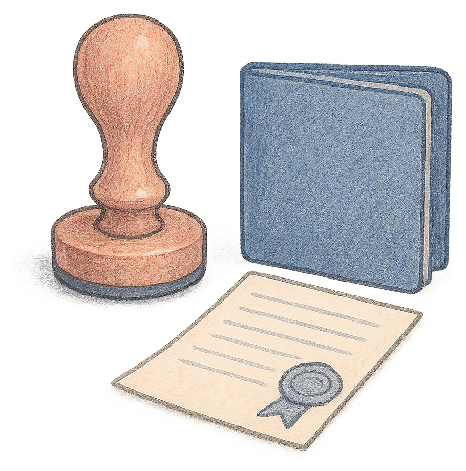 A drawing of a rubber stamp beside a savings passbook and a deed poll