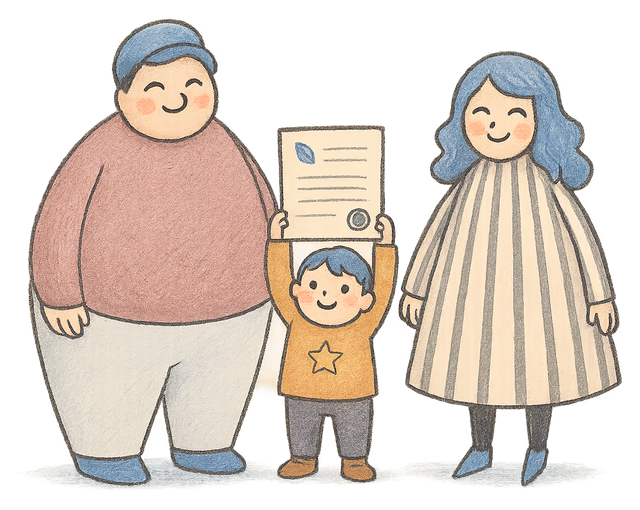 A drawing of a child holding up a deed poll with two parents smiling beside them