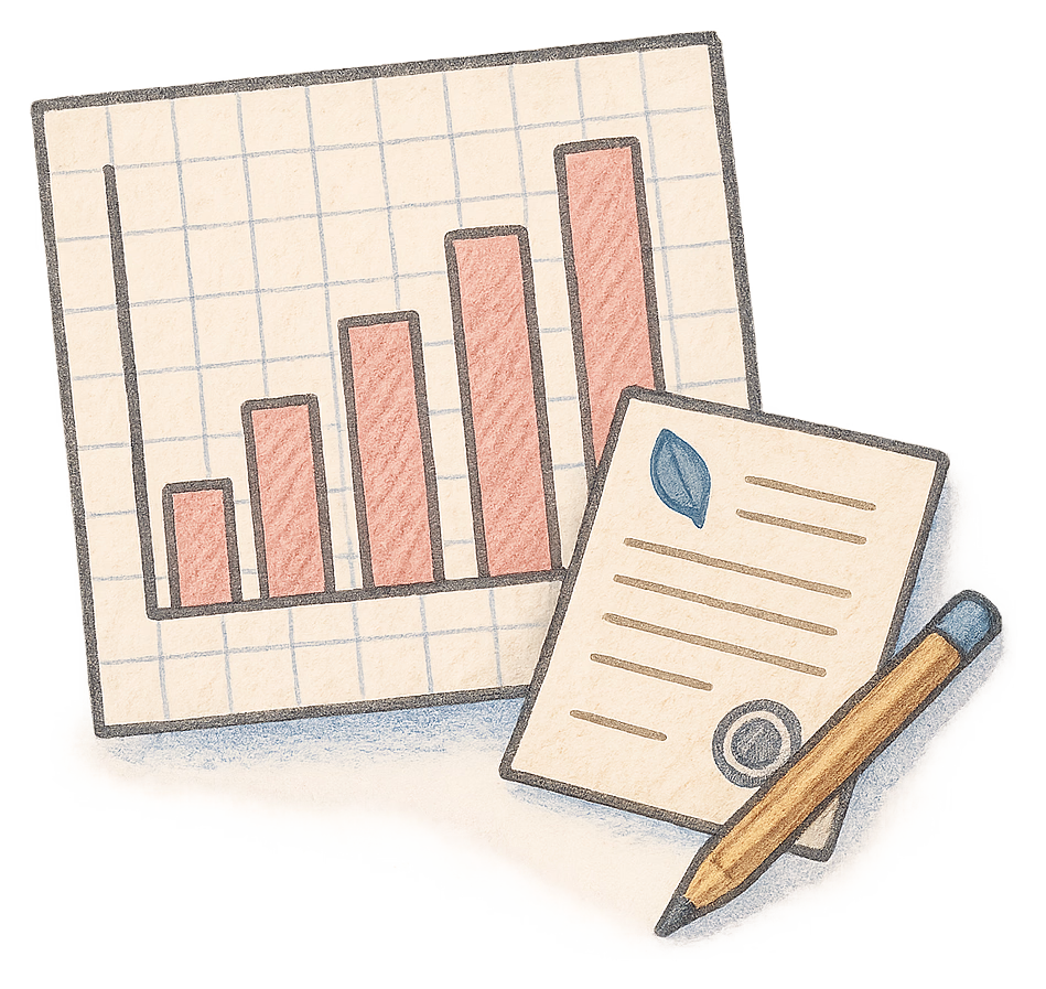 A drawing of a bar chart on squared paper with a deed poll tucked under one corner