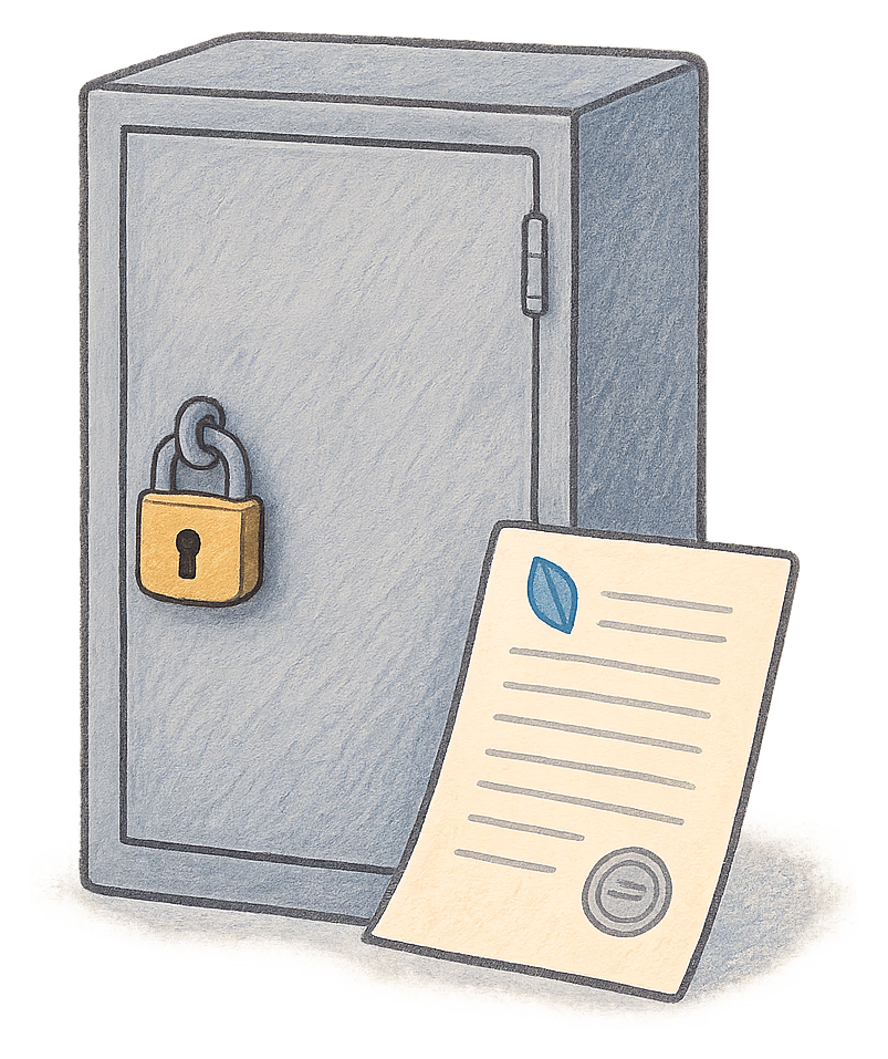 A drawing of a locked metal cabinet with a folded deed poll leaning against it