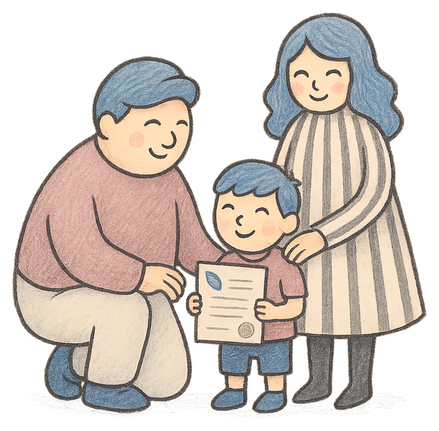 A drawing of a man kneeling beside a small boy holding a deed poll, a woman's hand on the boy's shoulder