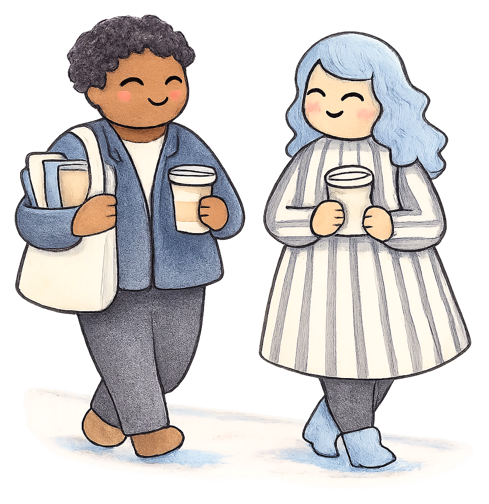 A drawing of a support worker with a bag of folders walking beside a woman, both carrying cups of tea and chatting
