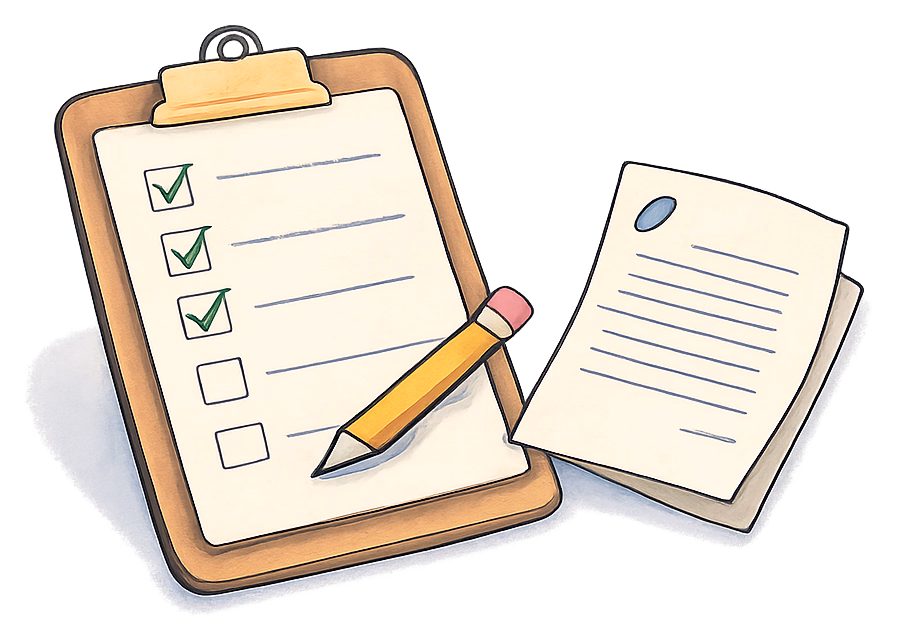 A drawing of a clipboard with a ticked checklist, a pencil and a folded deed poll