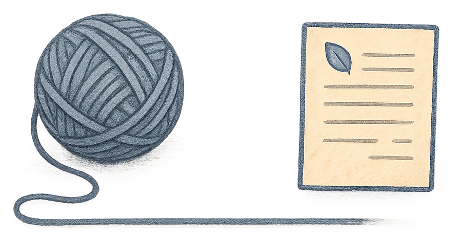 A drawing of a tangled string unwinding into a straight line that ends at a deed poll