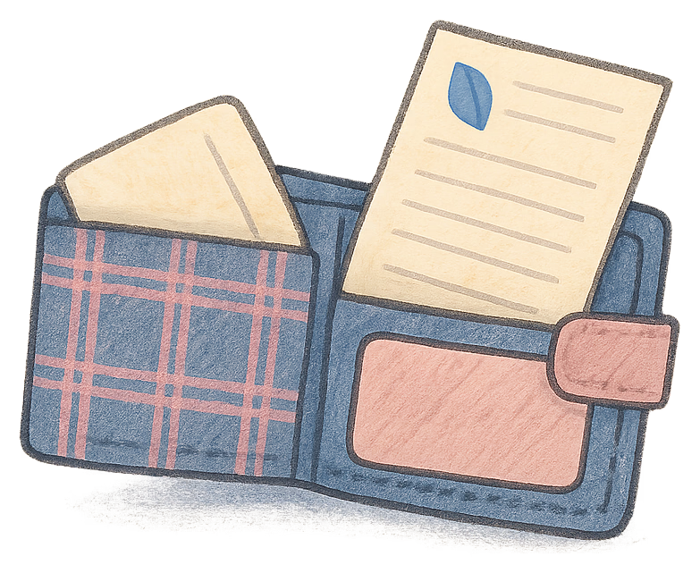 A drawing of a tartan wallet holding a bank card and a folded deed poll