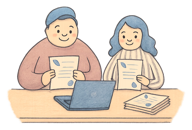 A drawing of the two of us at a desk with a laptop and deed polls