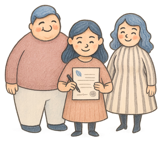 A drawing of a teenage girl holding her own deed poll with her parents behind her