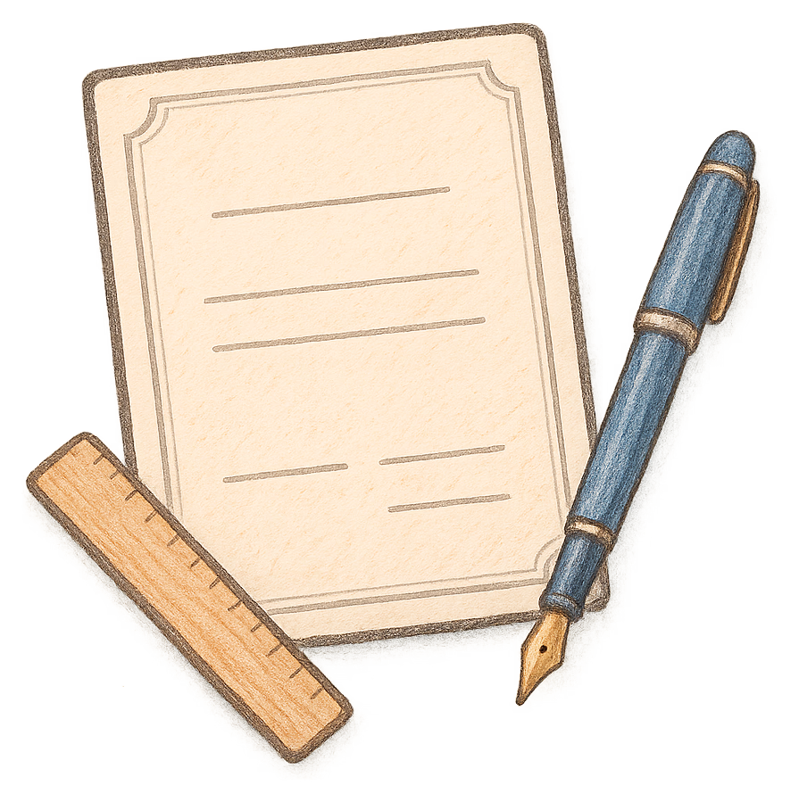 A drawing of a blank sheet of certificate paper with empty signature lines, a fountain pen and a wooden ruler