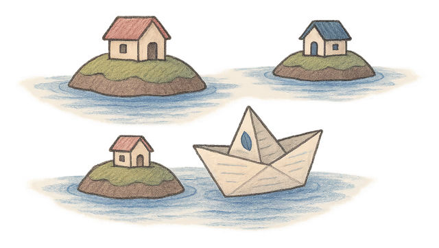 A drawing of three small islands in a calm sea, each with a tiny house, and a paper boat folded from a deed poll