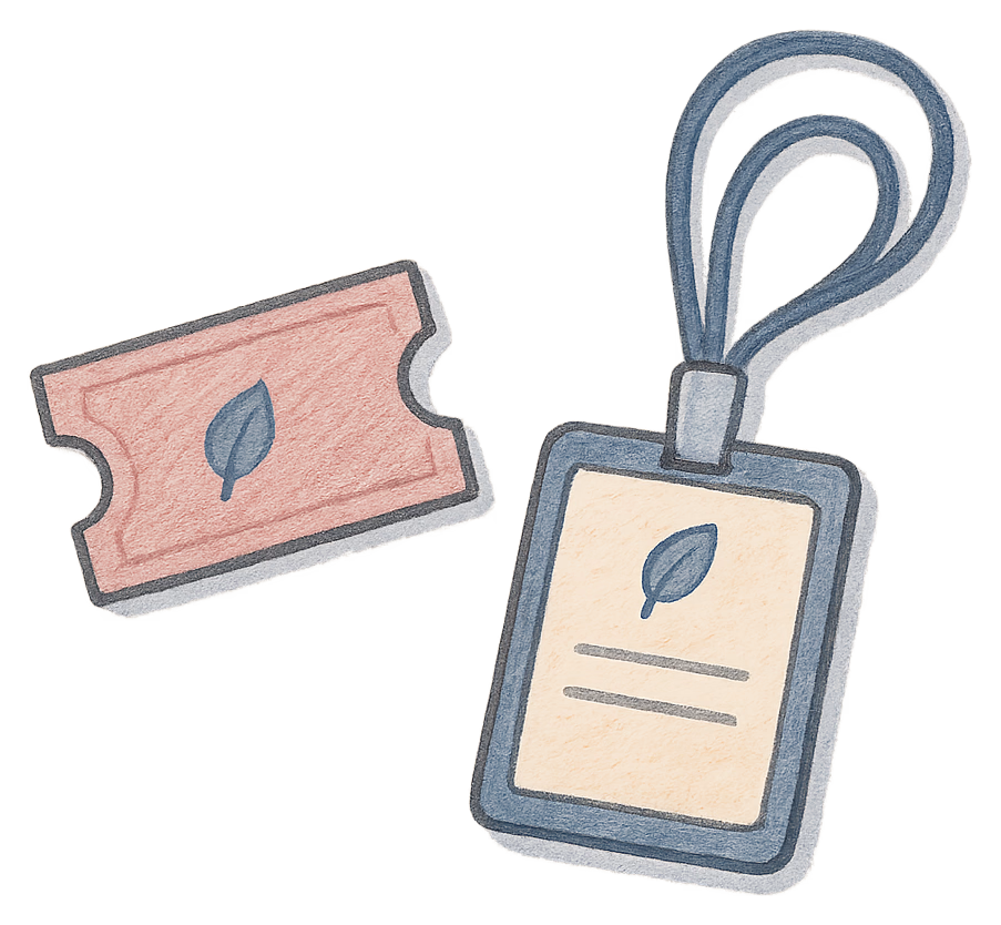 A drawing of a theatre ticket and a work badge on a desk