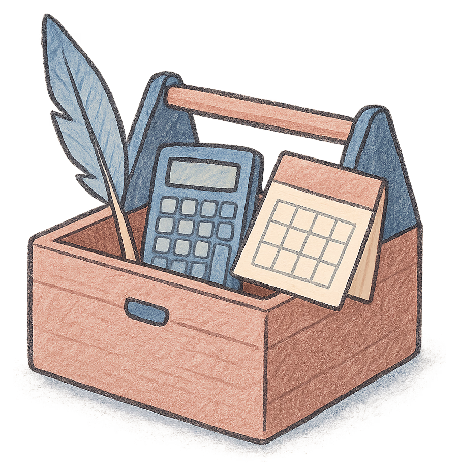 A drawing of an open toolbox with a quill, a small calculator and a folded calendar