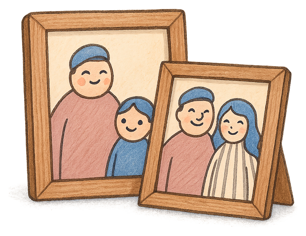 A drawing of two family photographs in frames, one leaning on the other