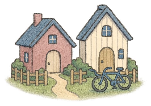 A drawing of two small houses with a child's bicycle on the path between them