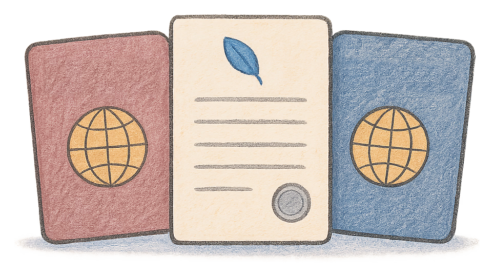 A drawing of two passports of different colours side by side, a deed poll between them