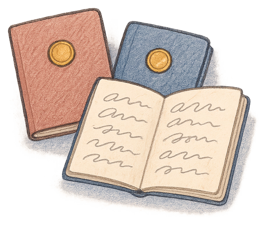 A drawing of two passports beside an open notebook
