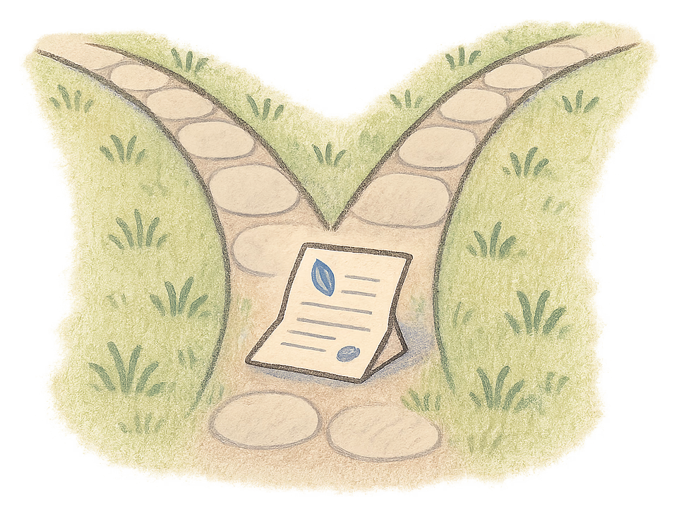 A drawing of a path that forks, with a folded deed poll on the stone where it divides