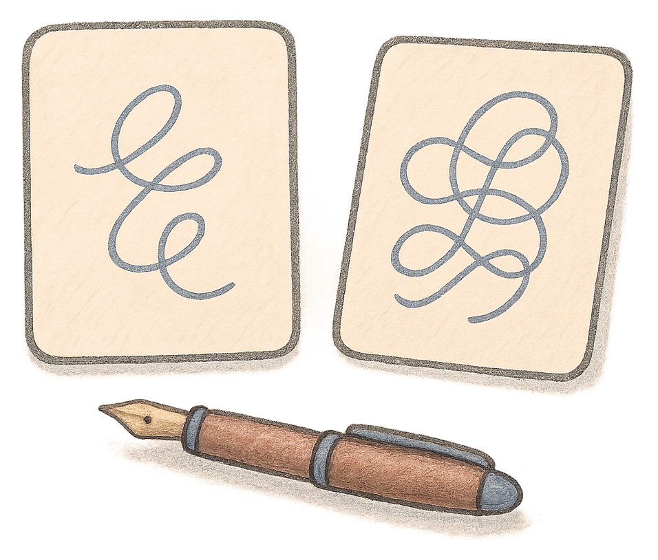 A drawing of two sheets with different looping pen lines and a fountain pen