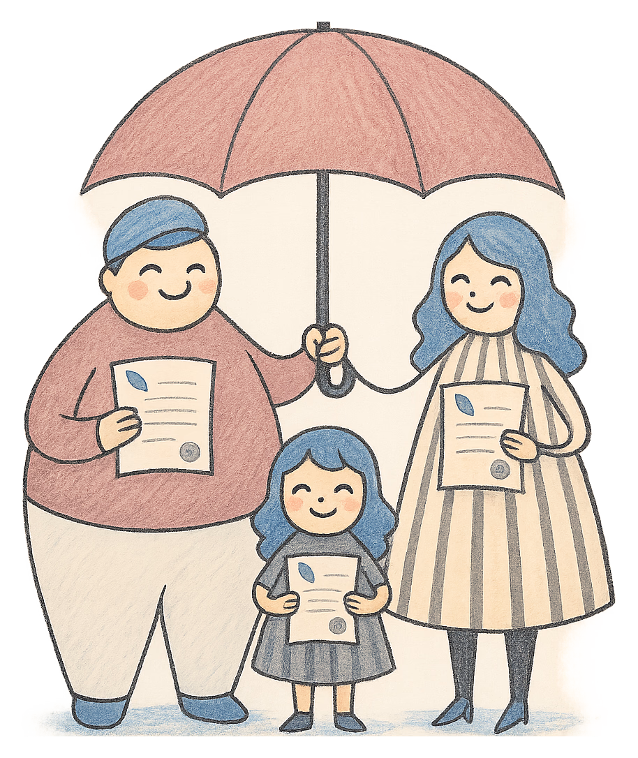 A drawing of two parents holding an umbrella over a small girl