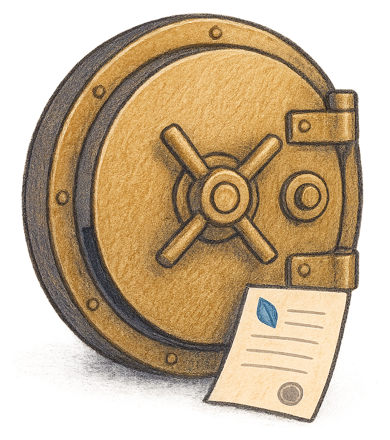 A drawing of a round bank vault door with a deed poll leaning against it