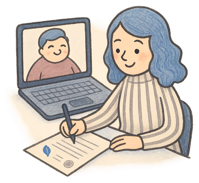 A drawing of a woman on a video call holding a pen over a paper deed poll