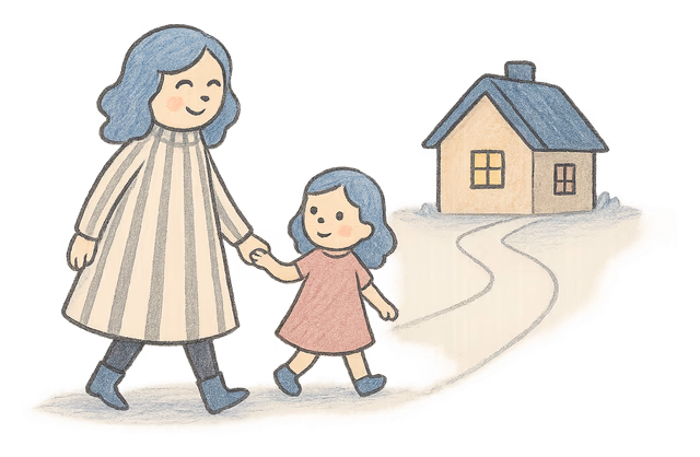 A drawing of a woman and a small girl walking hand in hand towards a small house with a lit window