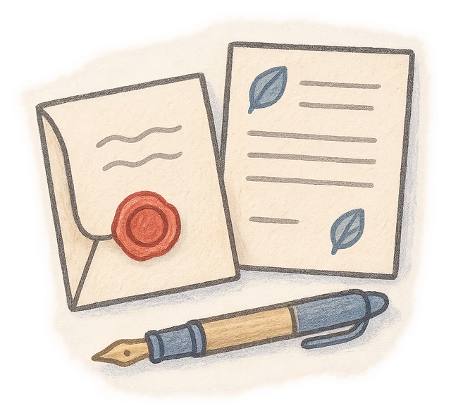 A drawing of a folded will with a wax seal beside a deed poll and a fountain pen