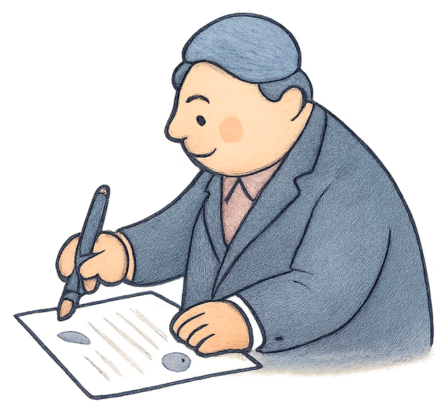 A drawing of a person writing carefully at a desk